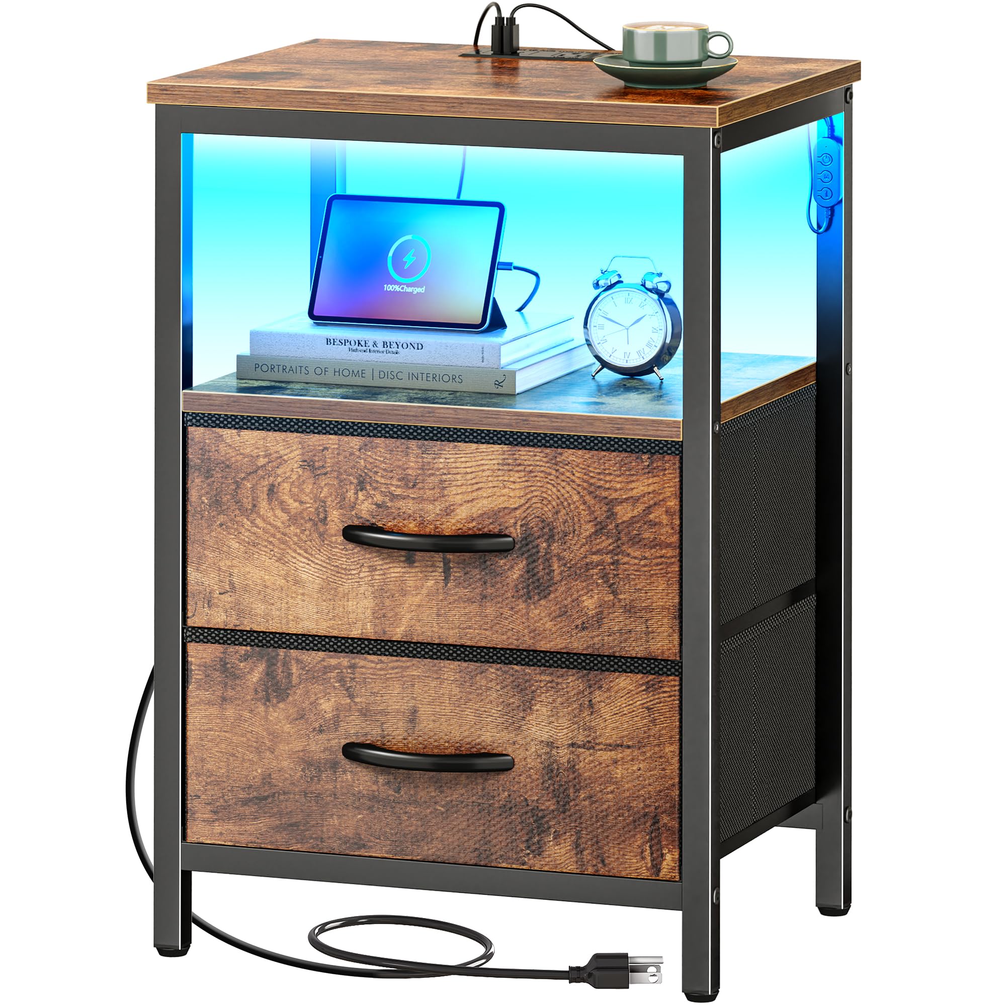 Huuger Night Stand With Charger Station And Led Lights, 2 Drawer Nightstand, Bed Side Table With Open Shelf, End Table, Fabric Dresser For Bedroom, Rustic Brown